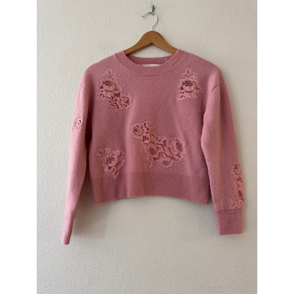 LoveShackFancy Floral Lace Applique Sweater XXS Pink Wool Blend Pullover Exc